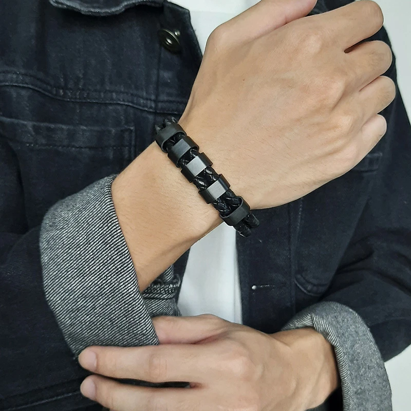 Personalized Men's Black Plaited Leather Bracelets Free Custom Charm Beads Family Names Inspirational Father's Day Gift Dad - Detail 1