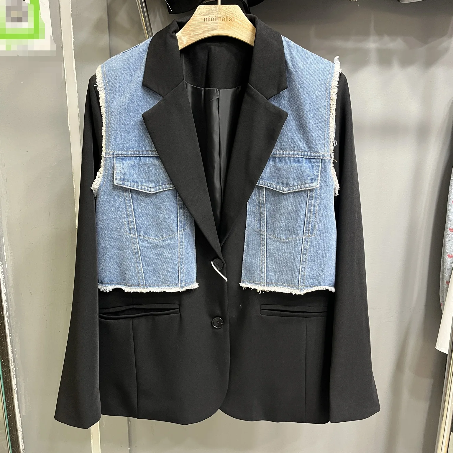 

SuperAen корейский стиль винтажный джинсовый лоскутный пиджак для женщин 2026, весенний новый свободный однобортный повседневный пиджак оверсайз