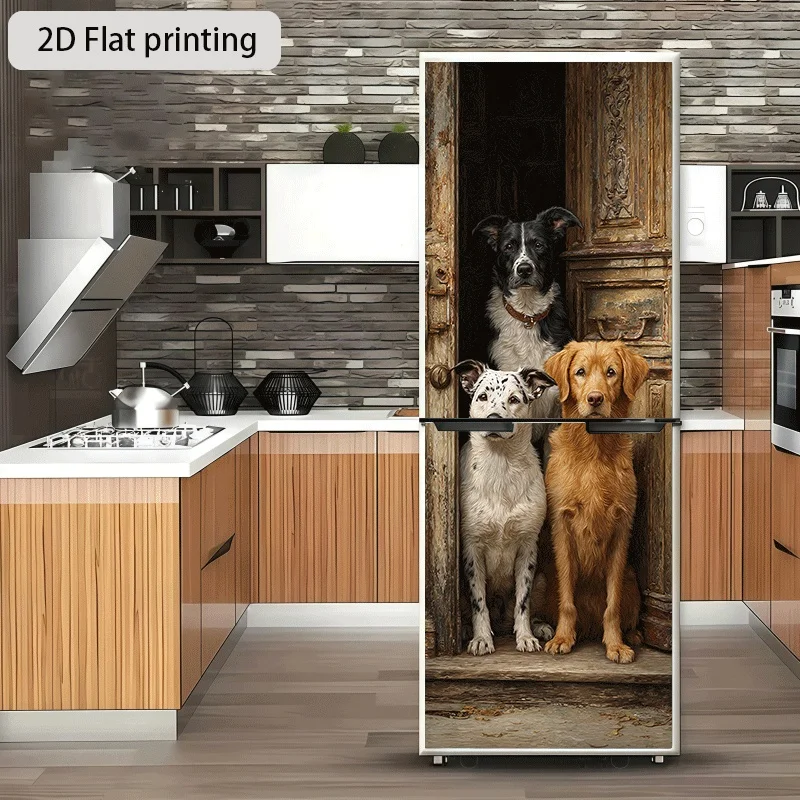 of Refrigerator Sticker,, Featuring a Group Photo of Three Dogs, Designed for Wall Decoration. Self-Adhesive Wallpaper Suitabl