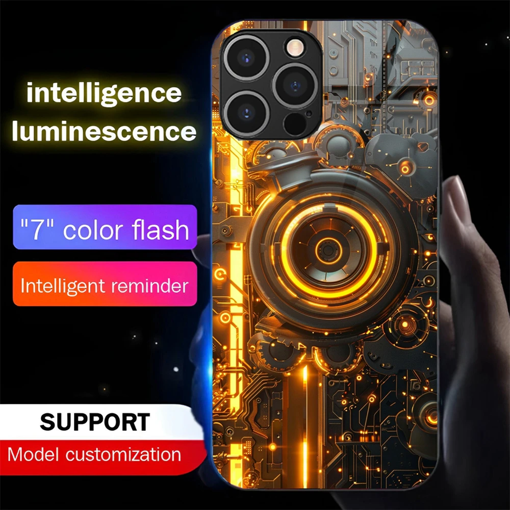 

Machinery Wheel Luminous Tempered Glass Phone Case LED Backlight Cover For iPhone 16 E 15 14 13 12 11 Pro Max XR XS Plus