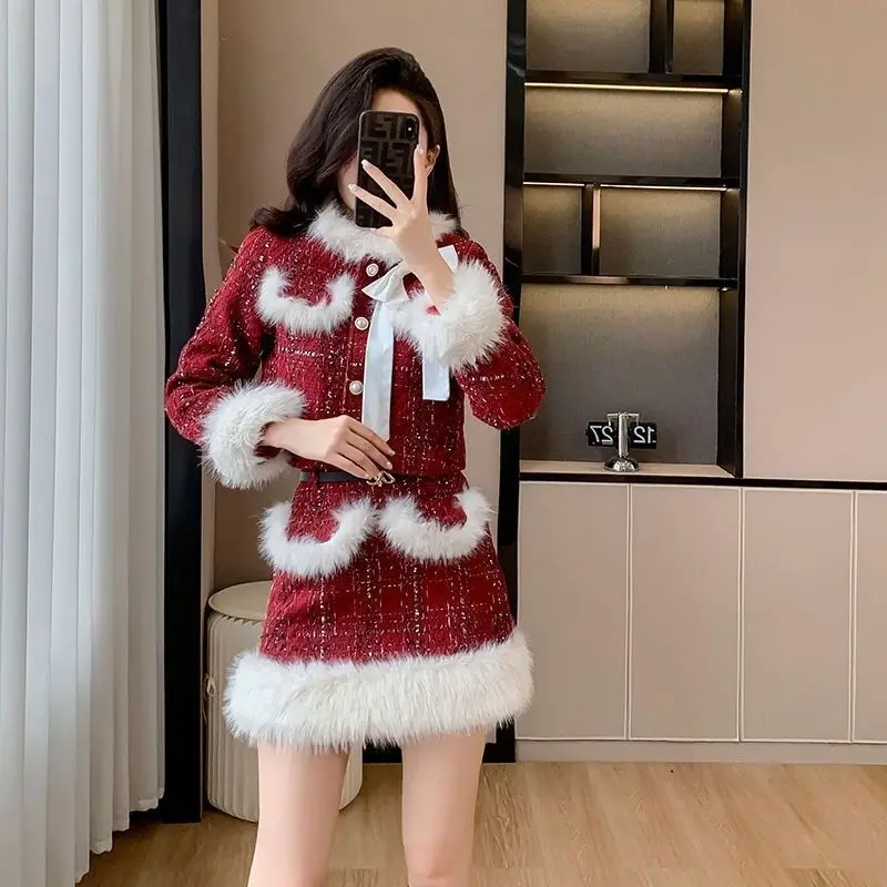 Set di due pezzi da donna di moda coreana rossa invernale Set giacca e gonna Set di abiti di tweed Set di abiti dimagranti femminili Eventi formali casual