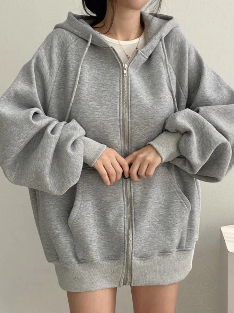 

Стильный осенне-зимний свободный кардиган-худи на молнии с круглым вырезом для женщин, удобная повседневная верхняя одежда