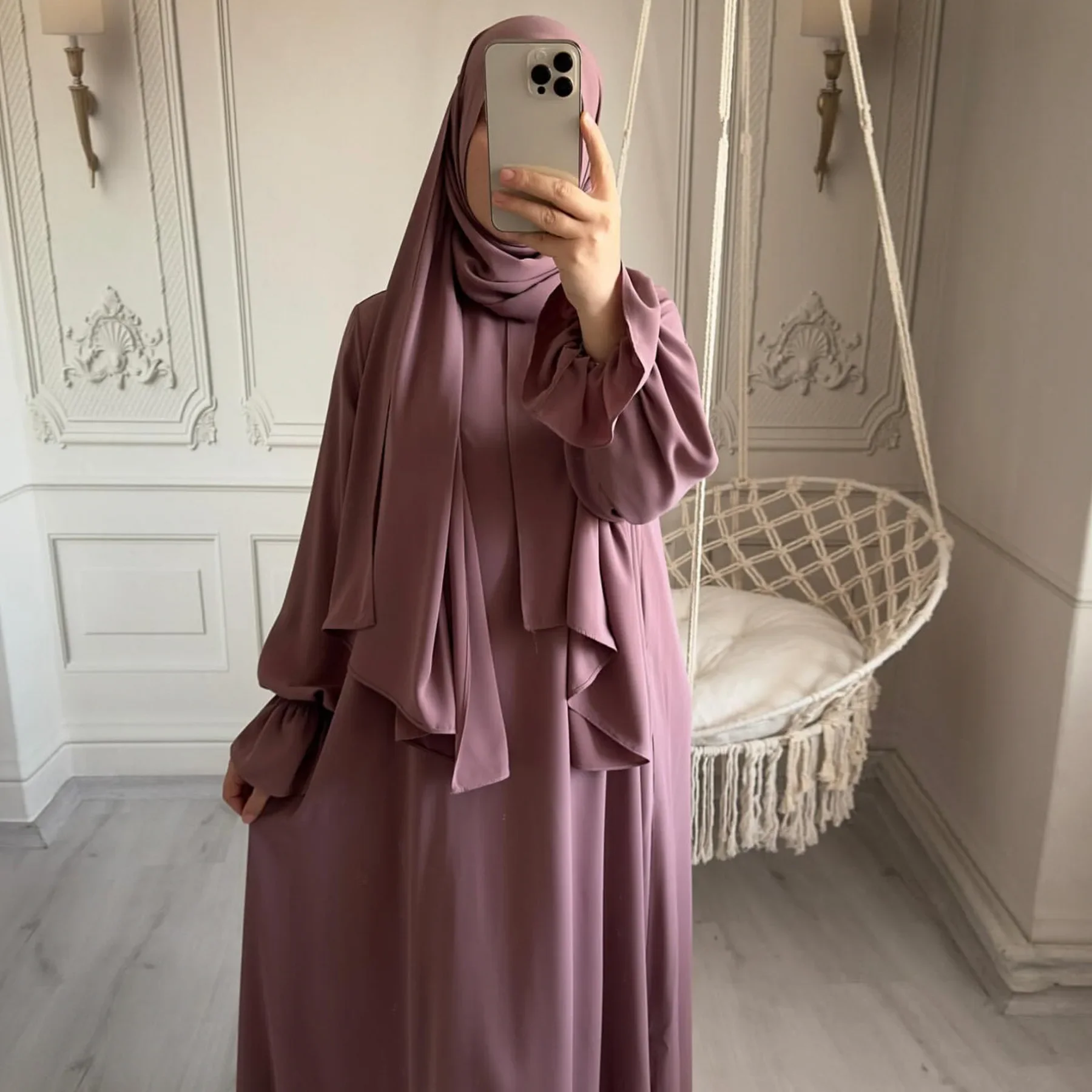 Plain Abaya with Integrated Hijab Scarf Zipper Front Islamic Jilbab One Piece Muslim Women Prayer Clothes Dubai Dress Ramadan