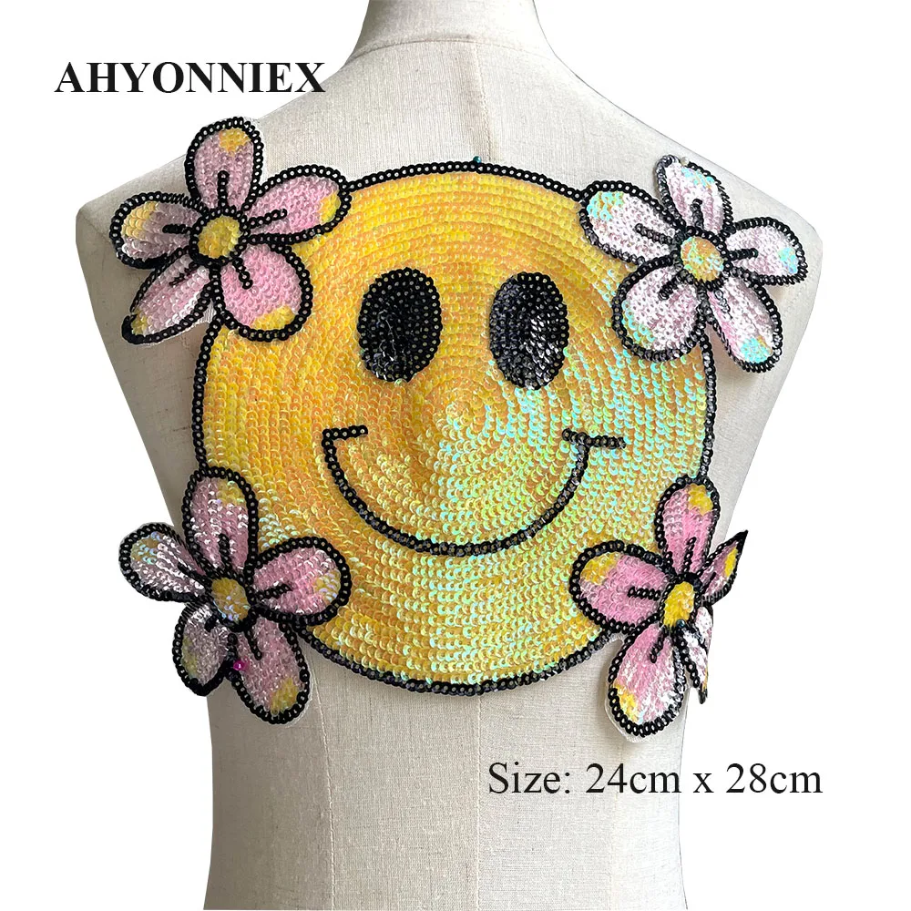 24CM X 28CM Yellow Smile Face Embroidery Patch Sequin Sticker Parches For Clothing Appliques Sew On Patches