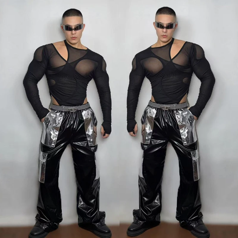 Man Gogo Dance Costume Singer Dancer Performance Stage Outfit Nightclub Party Rave Clothing Black Mesh Bodysuit Jazz Pants 5983