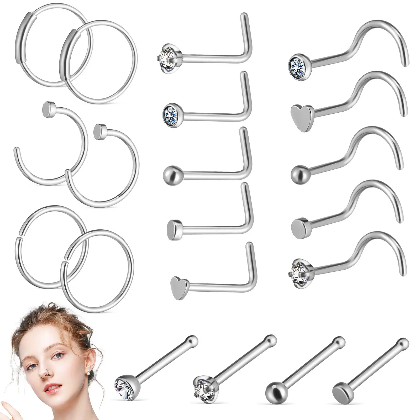 Juego de Joyería para la Nariz de Acero Inoxidable, Ligero, con Bordes Redondeados, Cómodo de Usar Todo el Día, Elegantes Aros y Pendientes para Mujer, Varios Modelos