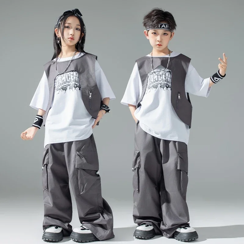 

Boys Street Dance Outfit Hip Hop Performance Stage Wear Top White T-Shirt Gray Trousers Kids Cool Jazz Streetwear
