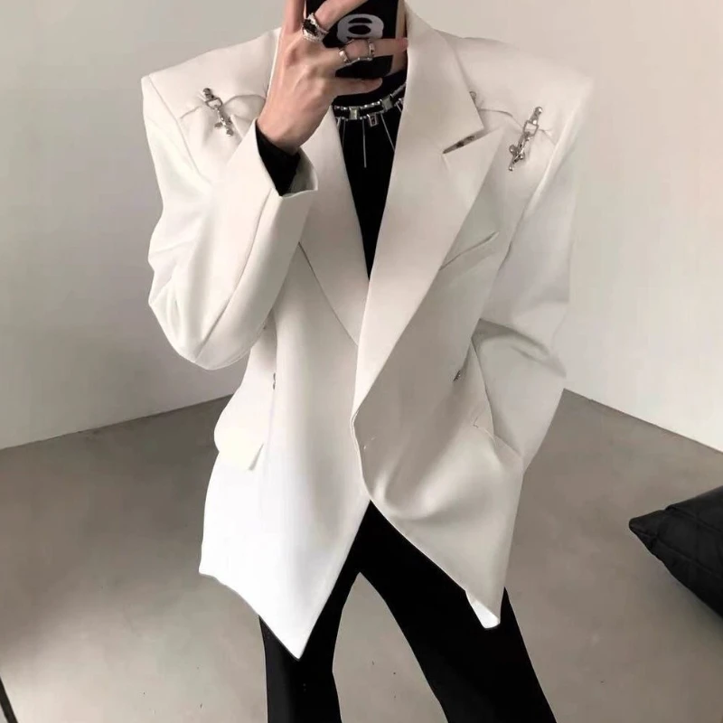Men's Premium Korean Style Single-Breasted Casual Blazer Set Autumn Trendy Split-Design Loose Fit Elegant Jacket Outerwear