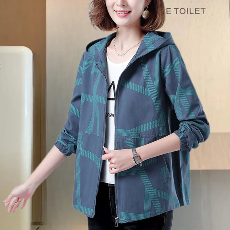 Fashion Hooded Zipper Pockets Loose Printed Casual Coats Women\'s Clothing 2023 Autumn New All-match Tops Commute Jackets