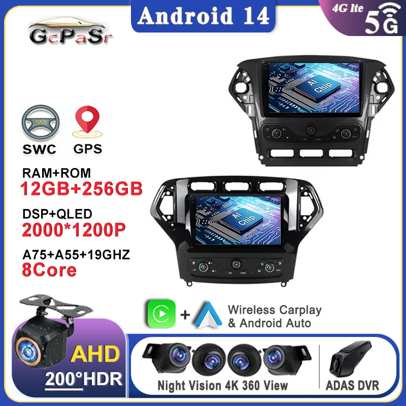 

Android 14 Auto Radio For Ford Mondeo MK4 2007 - 2014 Multimedia Player GPS Navigation Head Unit No 2din DVD Dash Cam Screen BT