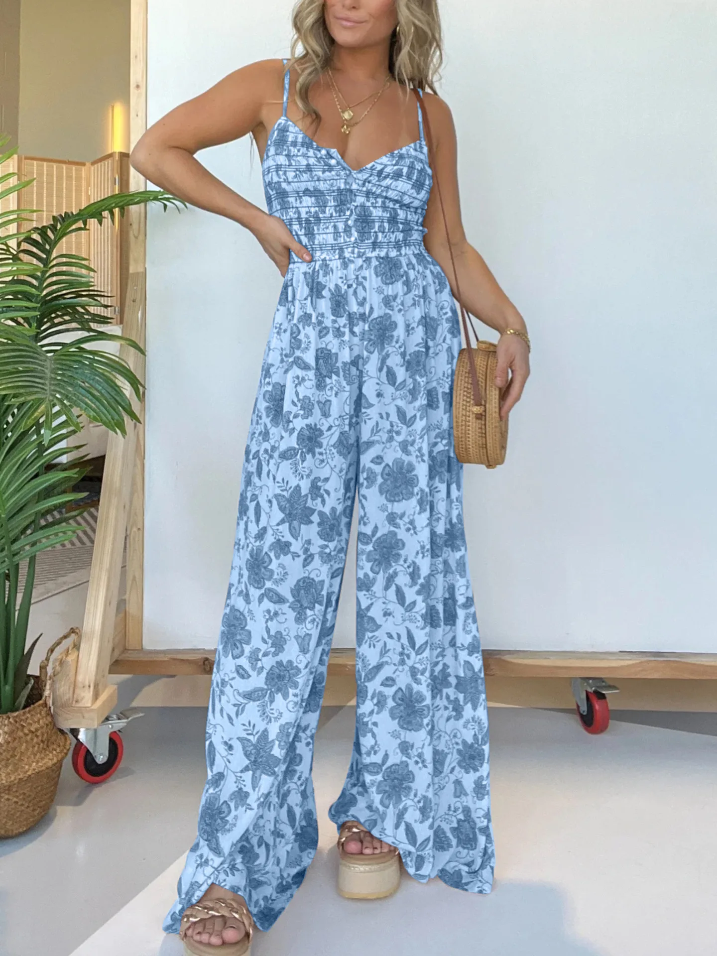 Women's 2024 Summer Floral Camisole Jumpsuit Wide Leg Pants Elegant Sexy Jumpsuits Pants Mono Elegante Para Mujer