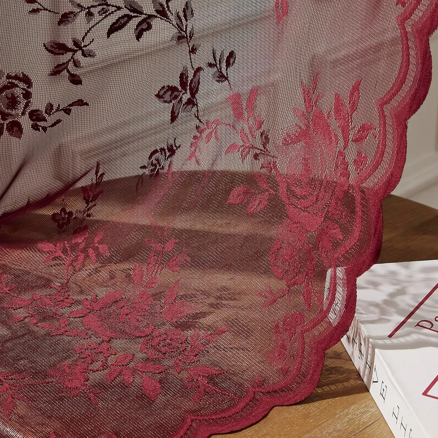 1 قطعة ستائر الدانتيل بورجوندي 45 بوصة طول خمر الأزهار شير ستائر الباب مقهى قضيب مصباح جيب تصفية النبيذ الدانتيل نافذة