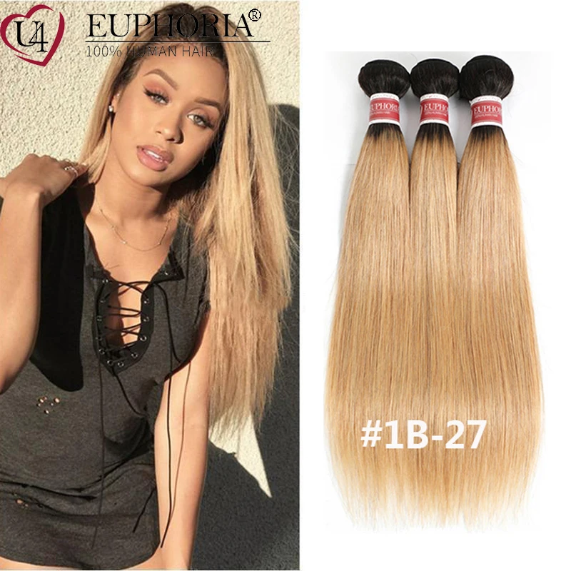 Ombre Color Straight Hair 3 Bundles 1B/Blonde 27# Color Brazilian Remy Human Hair Weaving Extensions 3/4 Pcs Bundles Euphoria