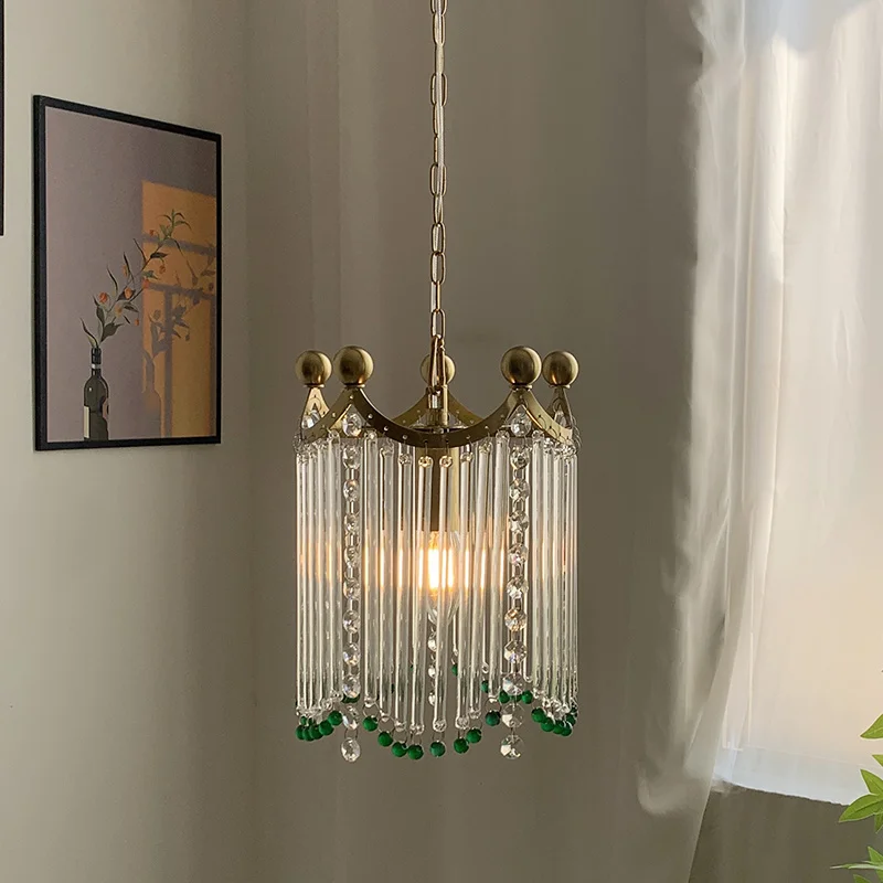 Retro luxury French cream dark green round bead tassel bedroom headboard pendant light American bay window foyer light