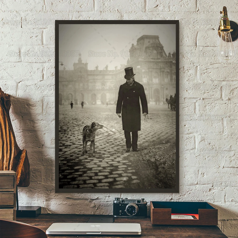 Gustave Caillebotte and His Dog Canvas Painting on The Place Du Carrousel Paris Poster 1892 Vintage Photo Home Wall Art Decor