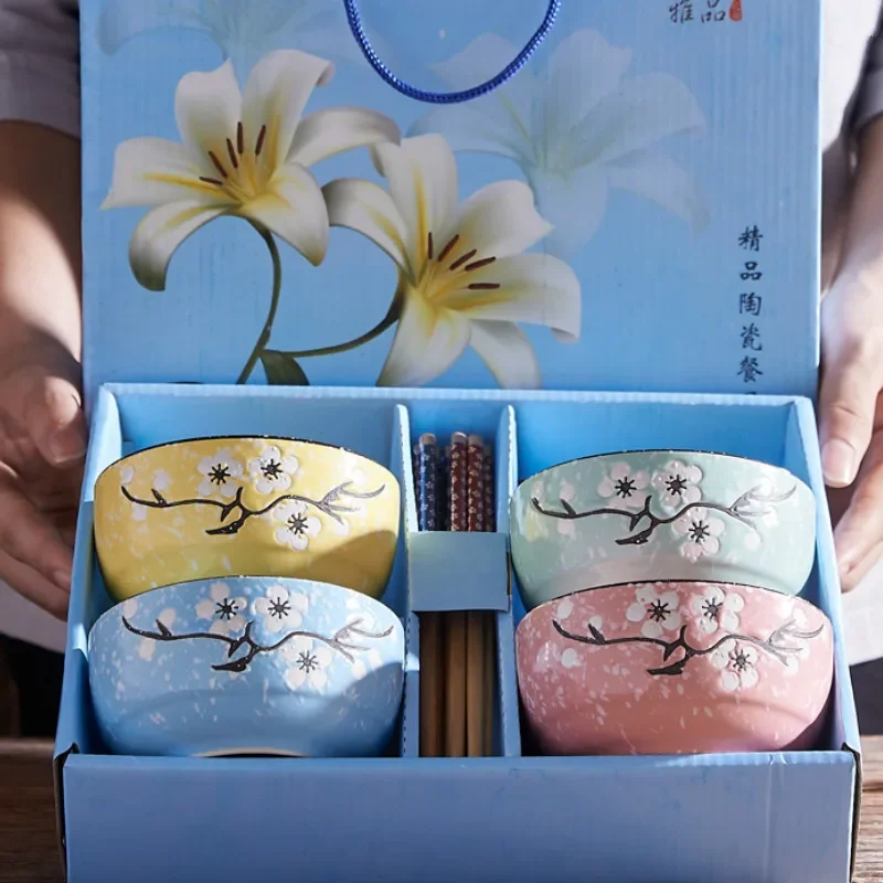 Chinese personality creative lucky cat blue and white porcelain bowl set opening activities tableware tableware gift boxLX122801