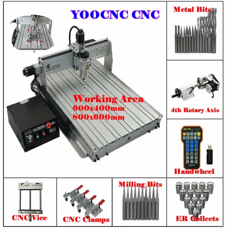 8060Z 2200W Metal Engraving Cutting Machine with Handle 6040 Woodworking CNC Router 4Axis USB Engraver Cutter 1500W for Copper