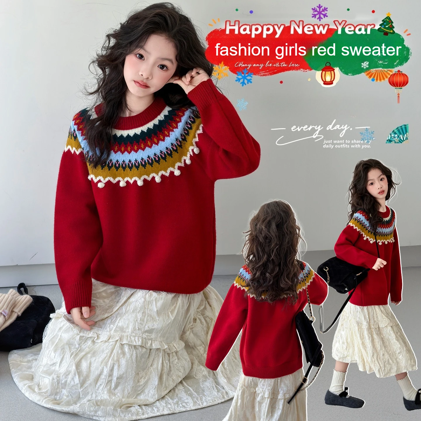 خمر معرض جزيرة عيد الميلاد سترة الفتيات الأحمر الكروشيه متماسكة البلوز الثقيلة التطريز شتاء دافئ أعلى في سن المراهقة مدرسة الاطفال الملابس #2