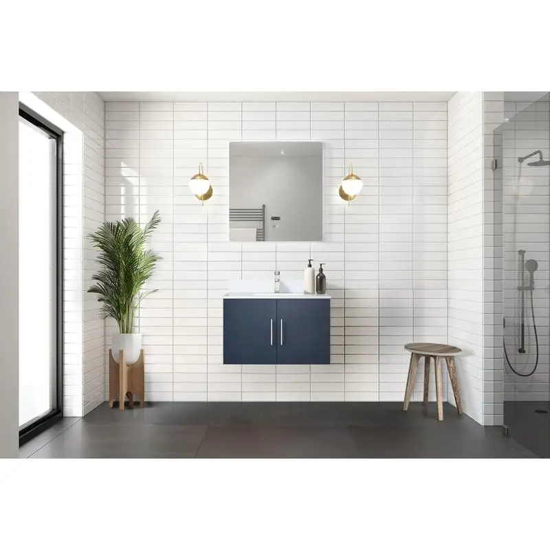 حمام باللون الأزرق الداكن مقاس 30 بوصة عرض × 22 بوصة عمق مع سطح رخامي مثقف ومرآة LED مقاس 30 بوصة لترقية الحمام الحديث