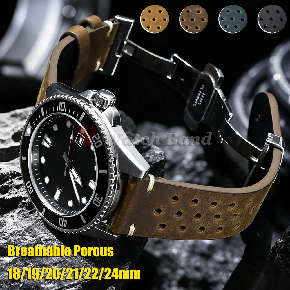 Breathable Porous Watchbands 18mm 19mm 20mm 21mm 22mm 24mm Retro Watch Strap Dark Brown Vintage Racing Leather Watch Straps