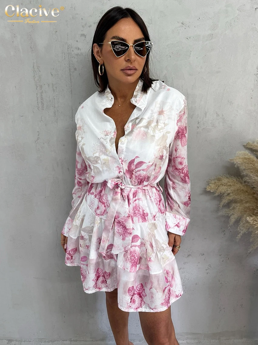 Clacive Fashion Loose Print Women Dress 2026 Autumn Lapel Long Sleeve Mini Dresses Elegant Classic Pleated Female Dress Streetwe