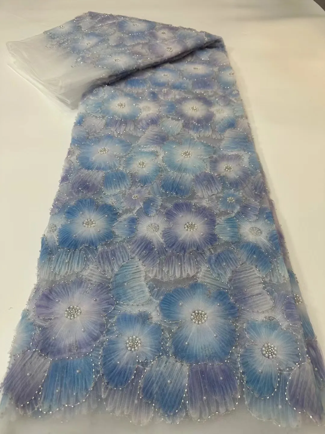 

New Arrival Blue Sequins Handmade Beads African Tulle Lace Fabric 2026 High Quality Beaded French Nigerian Lace Fabric 5Ya M87-1