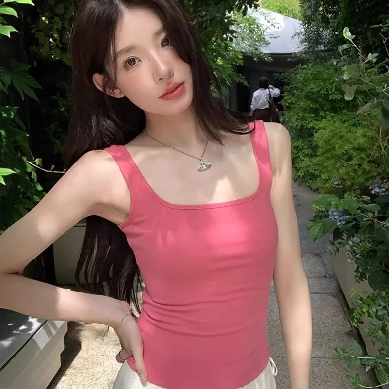 Autumn Winter Wide Shoulder Flocking Women's Tank Top Slim Fit Integrated Chest Pad Base Shirt Versatile Short Cotton Blend