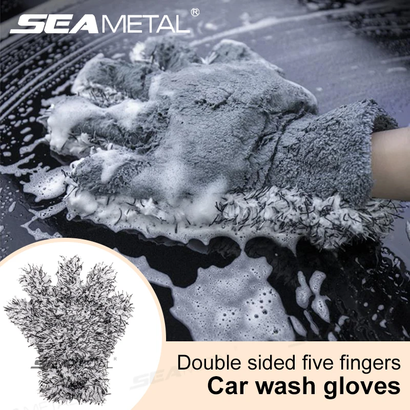 SEAMETAL Five Fingers Car Wash Glove Double Sided Plush Coral Mitt Thick Cleaning Gloves Soft Anti-scratch for Car Wax Detailing