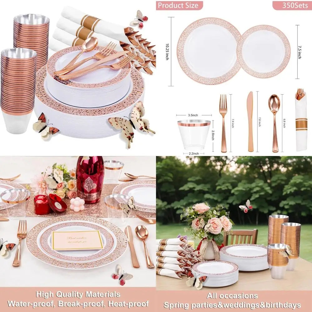 

Набор одноразовой столовой посуды из розового золота на 50 лет. В комплект входит 50 обеденных тарелок и 50 кружевных тарелок — элегантная одноразовая посуда для даже.