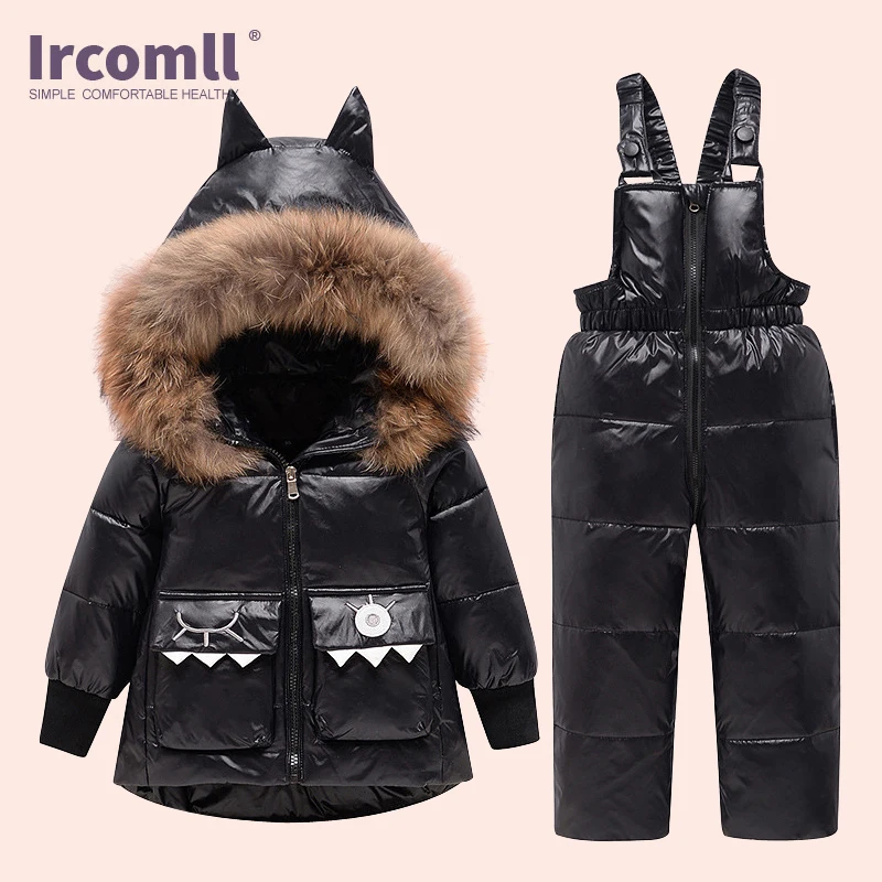 Ircomll 2PCS Winter Overalls + Jacket for girls boys outerwear Duck Down Warm Baby Child Toddler Snowsuit  shiny parka Suit