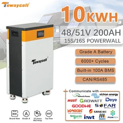 Tewaycell 10KWh 200AH LiFePO4 Battery Pack 48V 51.2V Buitl-in BMS Bluetooth APP Powerwall 6000Cycles CAN RS485 Monitor Solar ESS