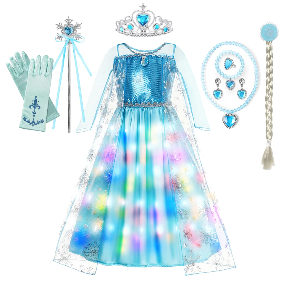 Disney Frozen Princess Elsa Anna LED Light Up Dress Girls Kids Cosplay Party Clothes Belle Rapunzel Luminous Aurora Prom Gown