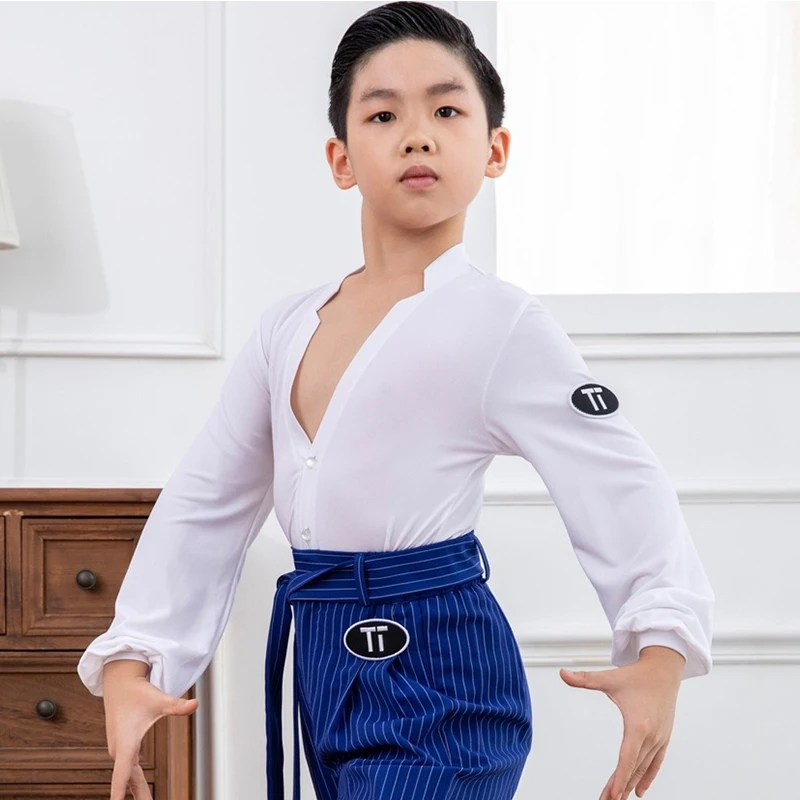 Men Boys Latin Dance Clothes V Neck Long Sleeves Shirts Blue Stripe Pants Cha Cha Rumba Ballroom Dance Practice Clothing NV21694