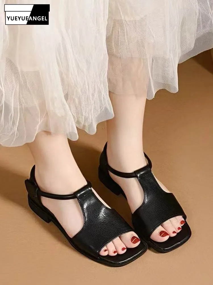Elegant Women Summer Cow Genuine Leather Gladiator Sandals Vintage Slip On Loafers Open Toe Lady Casual Block Low Heels Sandals