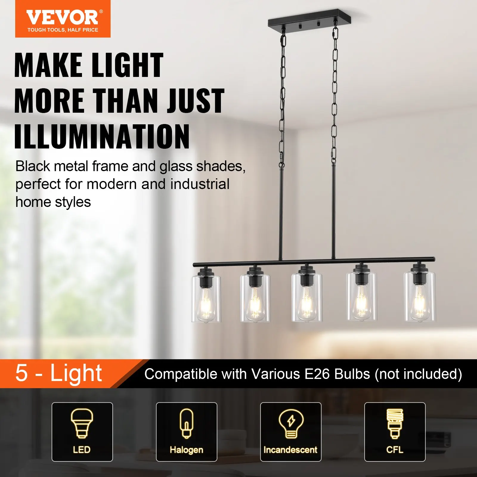 

5-Light Kitchen Island Pendant Lights 60W Adjustable Dining Room Light E26
