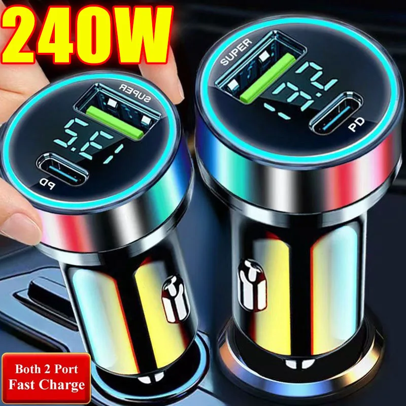 

240W Car Charger Dual USB Ports 120W Super Fast Charging with Digital Display Quick Charging Adapter for IPhone Samsung Xiaomi