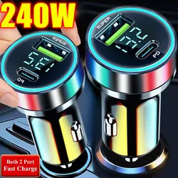 240W Car Charger Dual USB Ports 120W Super Fast Charging with Digital Display Quick Charging Adapter for IPhone Samsung Xiaomi