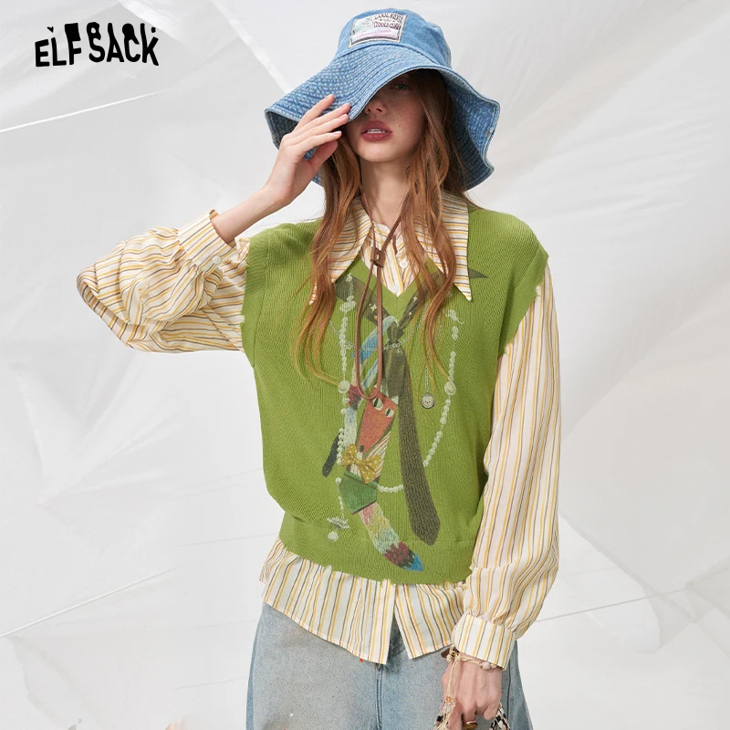 

ELFSACK Повседневный трикотажный топ с принтом лисы, имитирующий двухслойность, полосатая блузка с заостренным воротником и рукавами-фонариками, трикотажная рубашка Cool Ice для женщин