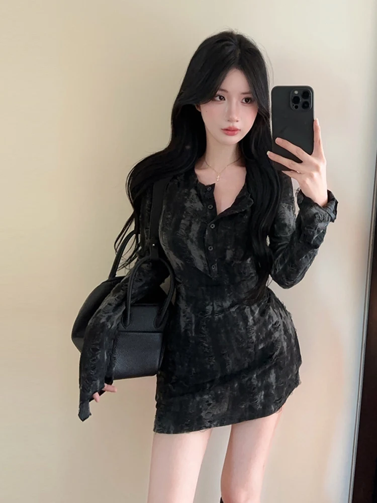 Foamlina Women's Tie Dye Print Mini Dress Fashion O Neck Long Sleeve Buttons Ripped Holes Slim Bodycon Party Dress Y2K Clubwear