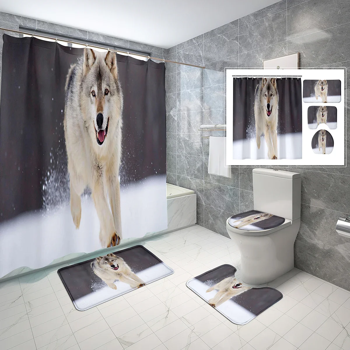 

Wolf Shower Curtain Set Snow Wild Animals 4 Pcs Shower Curtain Bathroom Non-Slip Bath Mat Toilet Cover Shower Curtain Set