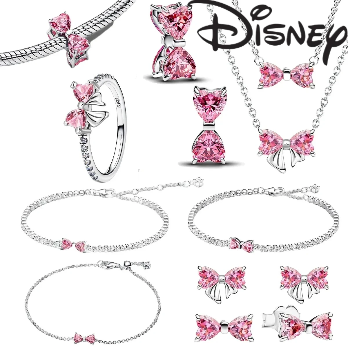 925 فضة الوردي القوس مجموعة سحر خواتم أقراط القلائد حبة تألق المرأة مجوهرات هدية الأزياء الخفيفة الفاخرة صنع #1