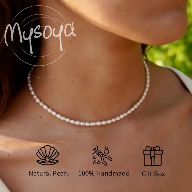 MYSOYA قلادة لؤلؤ المياه العذبة على شكل أرز أبيض 5-6 ملم مع صندوق هدايا، لها/له، عيد ميلاد/زفاف/ذكرى سنوية/هدية عيد الميلاد