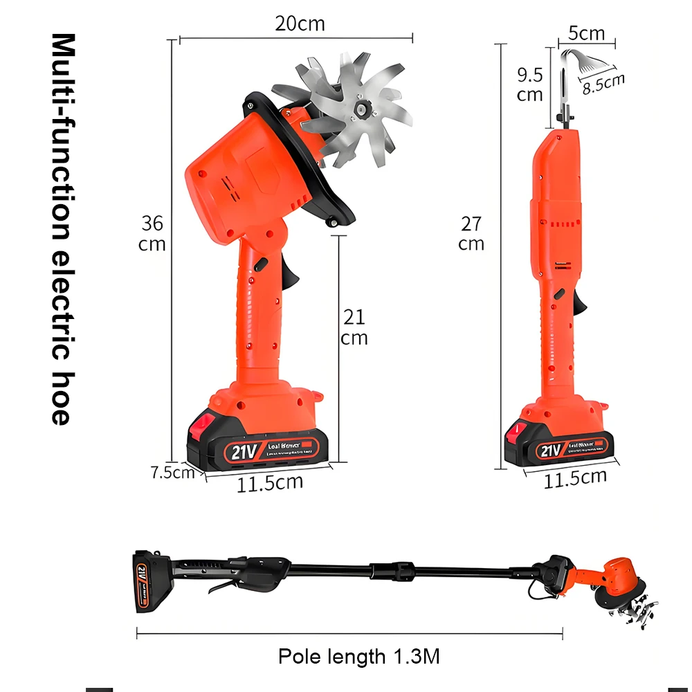 Cordless Electric Tiller&Weeder 21V Garden Cultivator Handheld/Extendable Pole Soil Loosening Machine for Gardening Farming