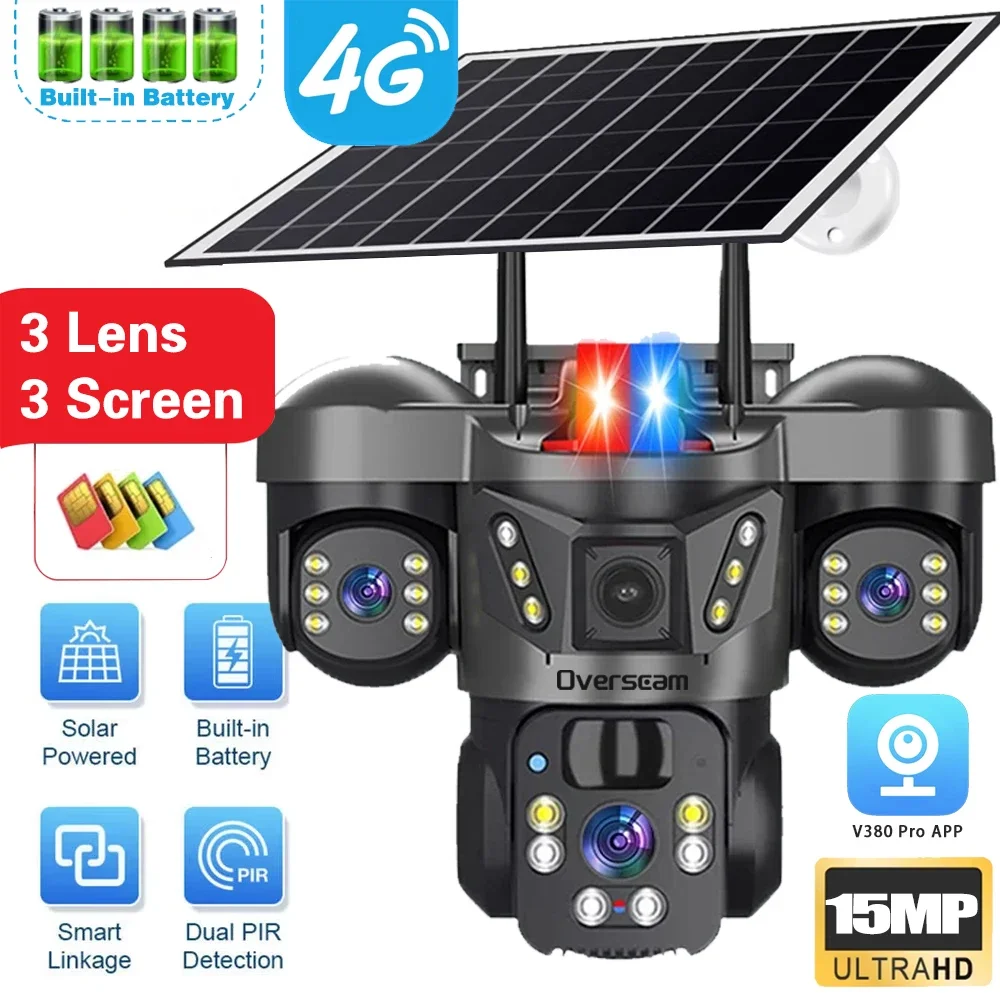 

Three Lens Solar Camera 4G Sim Outdoor 15MP Three Screen WiFi PTZ Solaire Panel Cameras Color Night Vision Home IP Surveillance