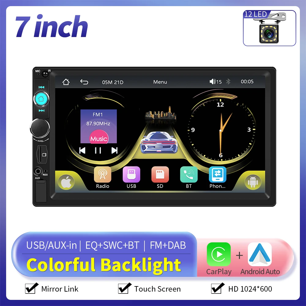 Camecho 2 Din Autoradio 7 "HD Scherm Autoradio Multimedia Universele Autoradio MP5 Speler Draadloze CarPlay Android Auto FM DAB
