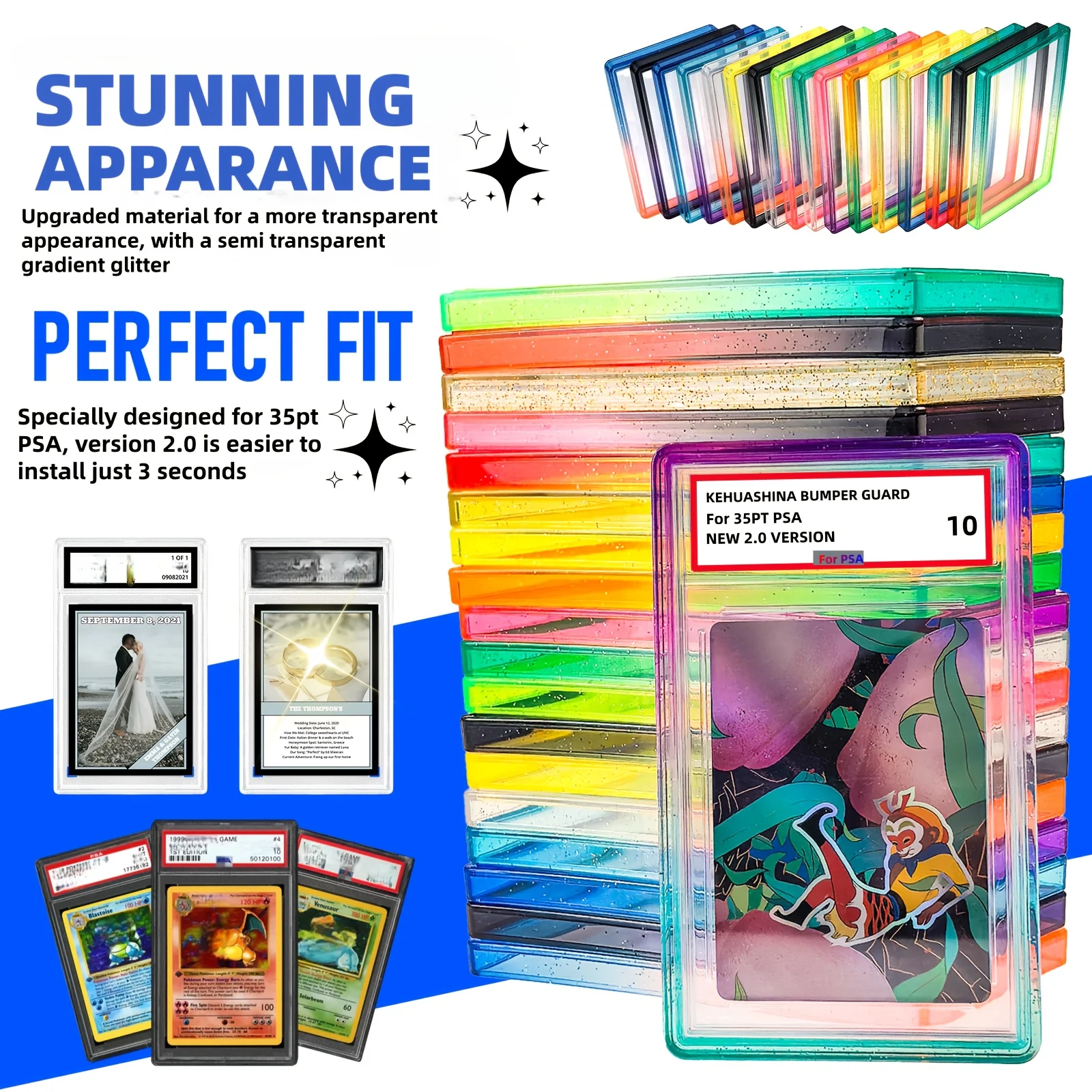Glitter TPU Slab Bumper Guard Case Holder Protective Skin Display Sleeves with Clear Back for PSA 35PT Graded Trading Card image 3