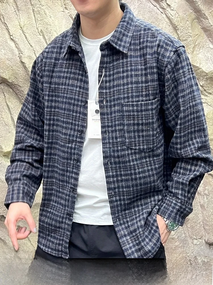 

Heavyweight American Retro Carbon Flocking Long Sleeve Shirt Jacket for Men Casual Style Plaid Collar Design Thickened Autumn...