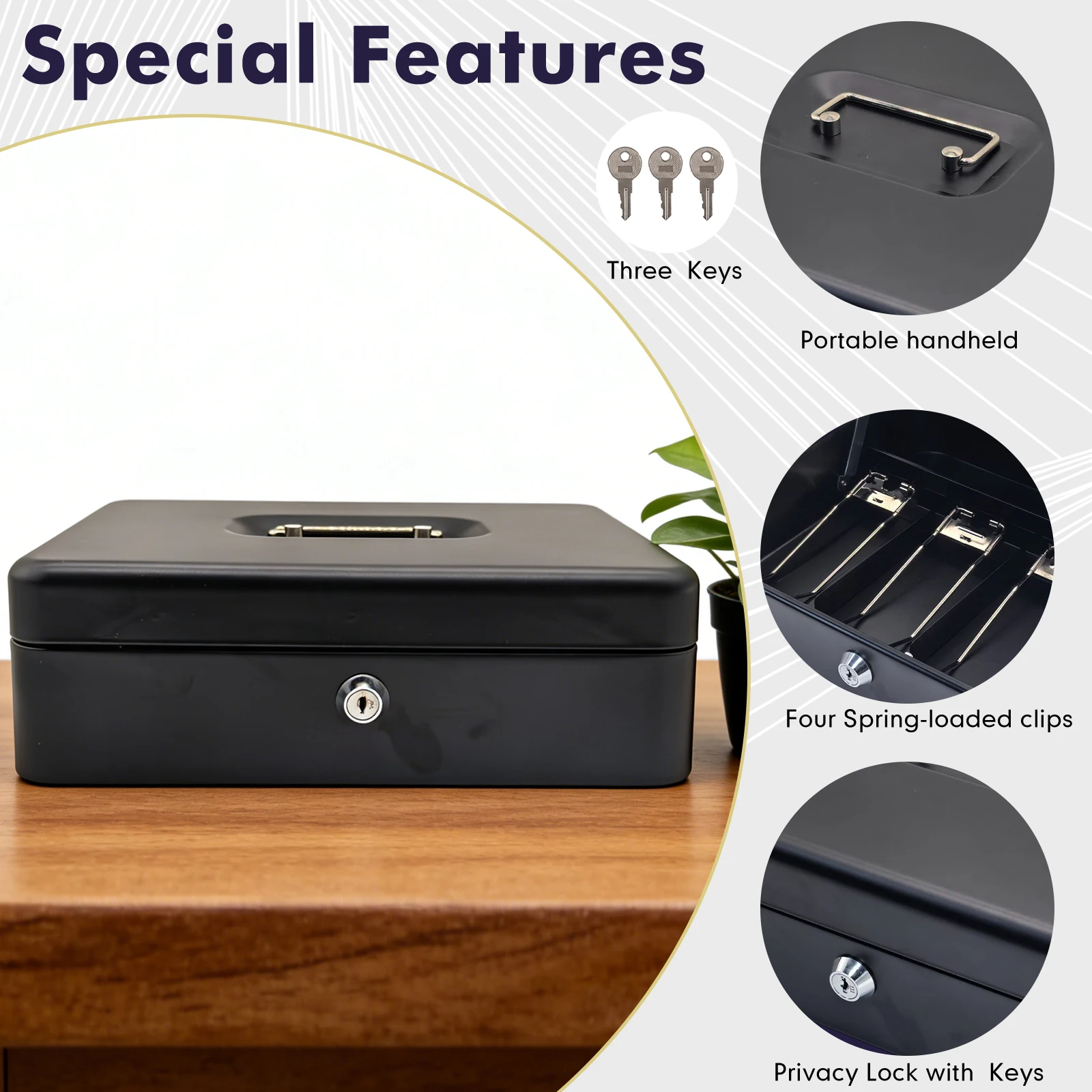 

Кассовый ящик Coinal, черный, 30x24x9 см, 1,8 кг, 4 отделения для хранения бумажных денег, 5 отделений для хранения монет, большая вместимость