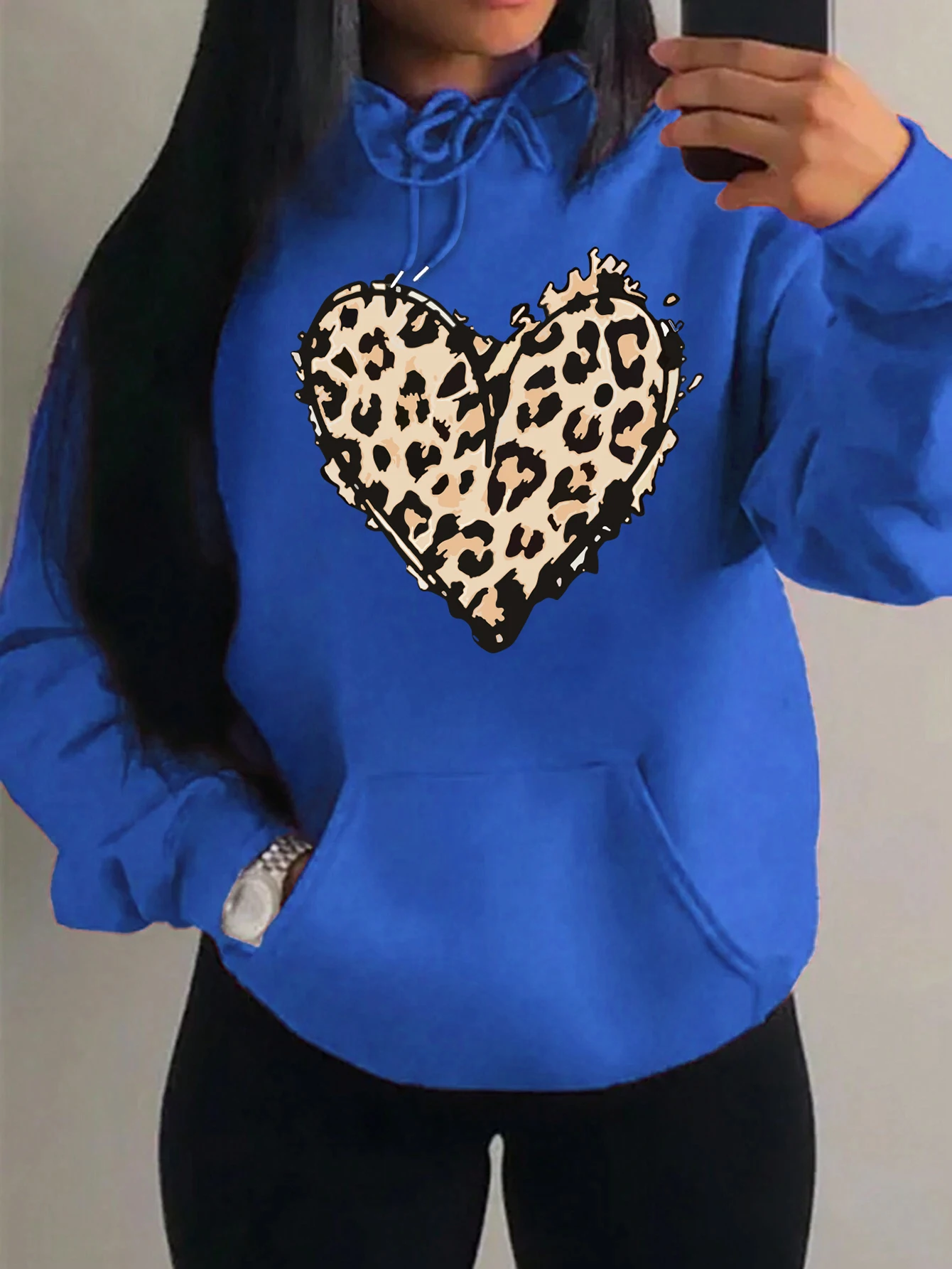 Classic Leopard Print Heart Prints Women Y2K Clothing Japan Creative Hoody Autumn Loose Hoodies Fashion Pocket Unisex Pullovers