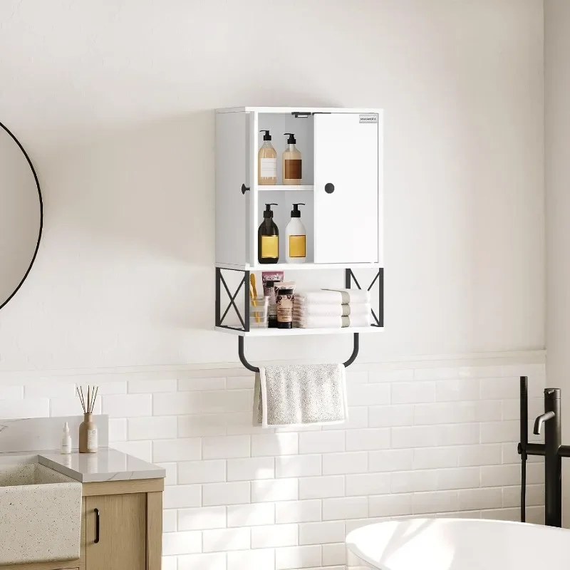 Bathroom Wall Cabinet with 2 Door and Adjustable Shelves, Farmhouse Medicine Cabinet with Towel Rack, 3-Tier Wall Mounted